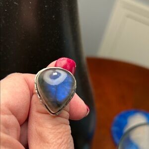 Labradorite Teardrop sterling silver Statement Ring - Blue flash